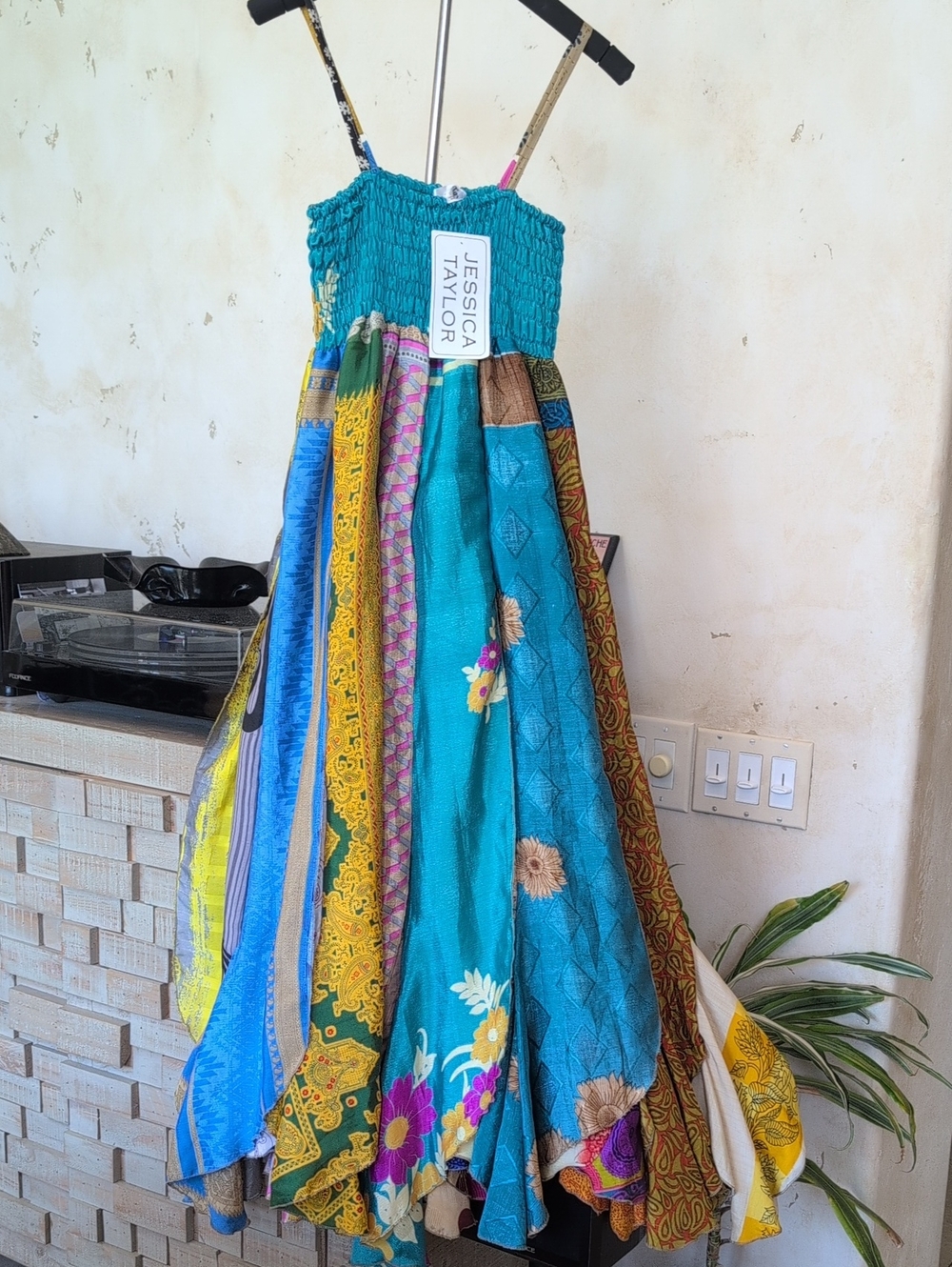 Boho Festival Teal Patchwork Recycled Sari Maxi Dress with Smocked Bodice